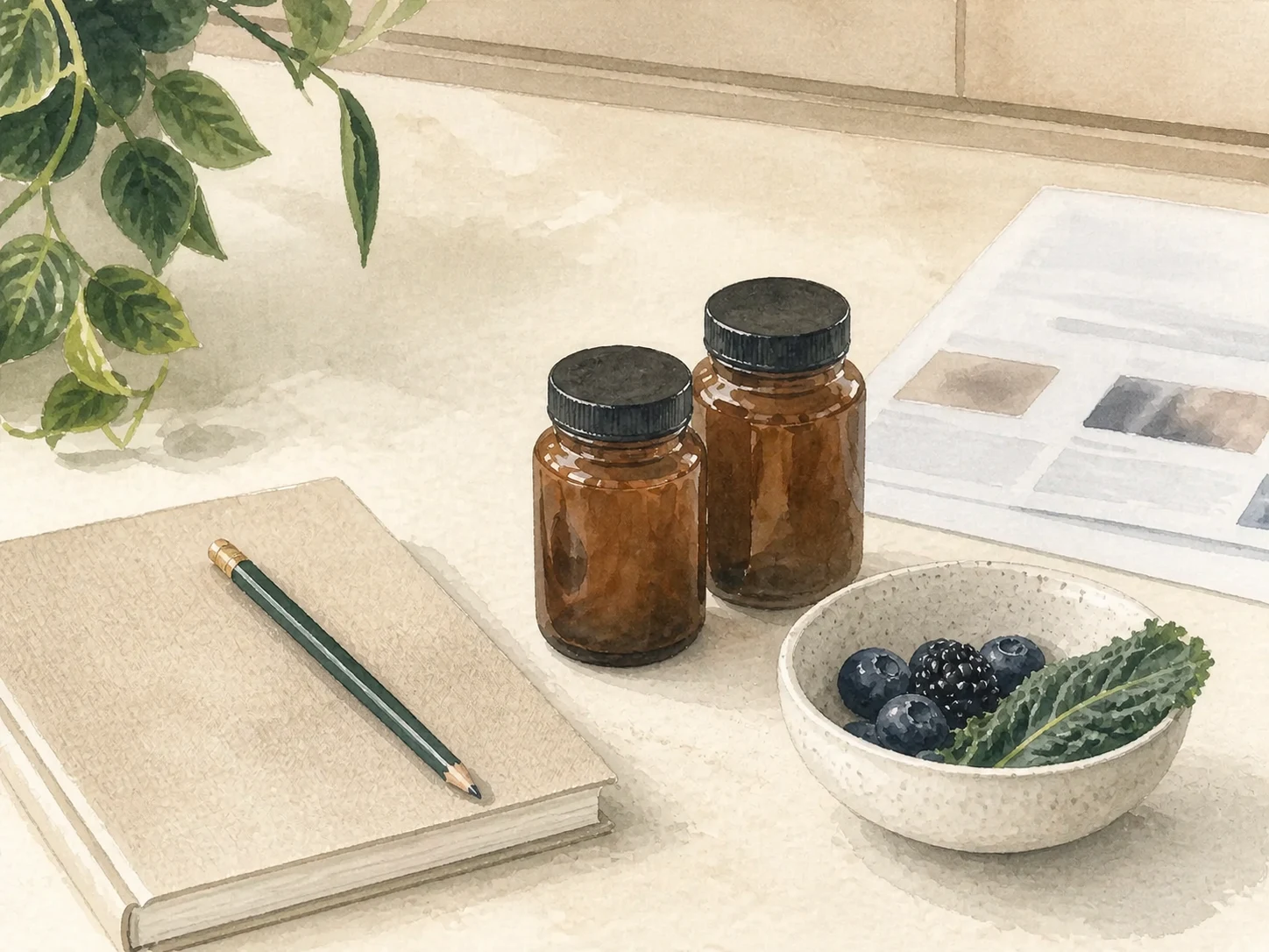 Supplements, fresh food, and medical literature arranged for review