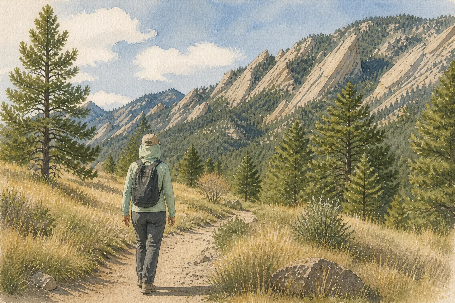 Hiker wearing sun-protective clothing on a Colorado foothills trail
